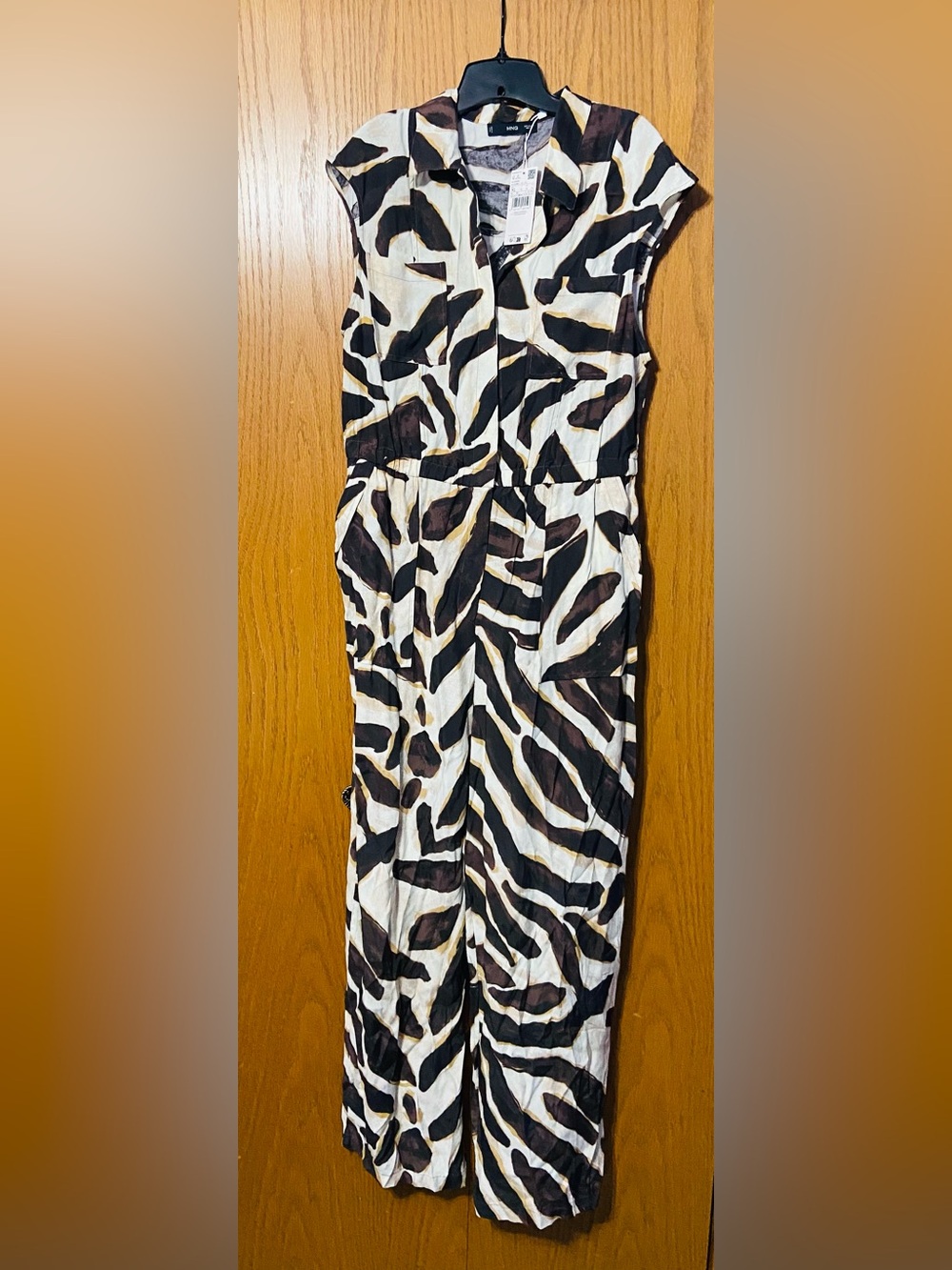 MNG Abstract Print Jumpsuit in White & Brown XL NWT